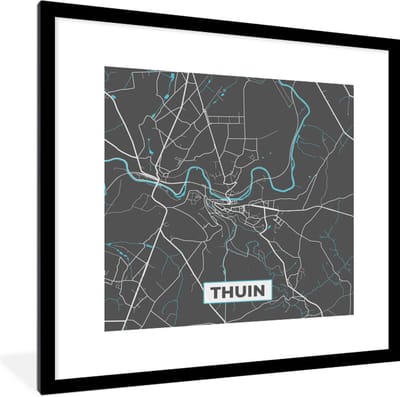 Fotolijst incl. Poster - Plattegrond – Thuin – Blauw – Stadskaart - Kaart - België - 40x40 cm - Posterlijst