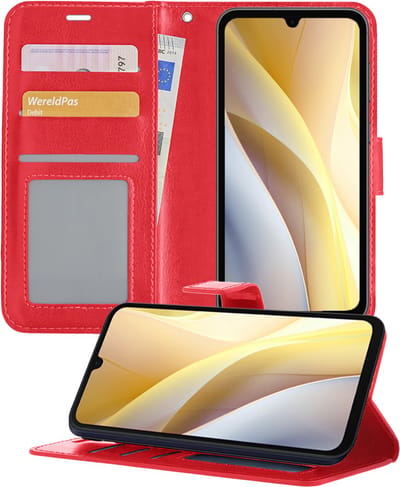 Hoesje - Met Pasjeshouder - Geschikt voor Samsung Galaxy A15 - Luxe Bookcase Portemonee - Flip Case - Kunstleer Book Case - Flipcase - Book Cover - Walletcase - Portemonneehoes - Telefoonhoesjes - Rood