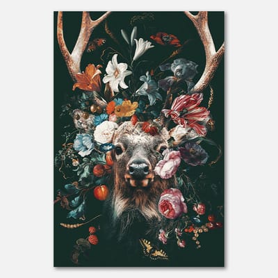 Poster op papier - 40 x 60 cm - Hert met bloemenkrans en gewei - PosterJunkie