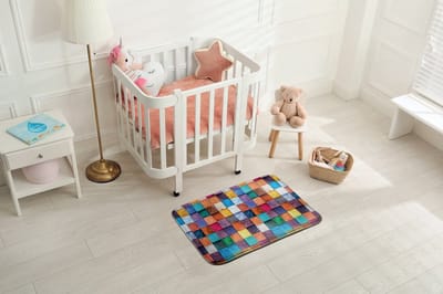 Coloray Vloerkleed voor Kinderkamer - Blauw Tapijt Voor Kinderkamer - Kleurrijke Houten Kubussen Vloerkleed - Oranje Accenten Vloer Tapijt - Antislip Vloerkleed Voor Slaapkamer - 90x60 cm