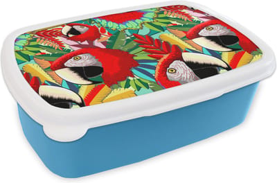 Broodtrommel Blauw - Lunchbox - Brooddoos - Jungle - Papegaai - Vogels - Design - 18x12x6 cm - Kinderen - Jongen