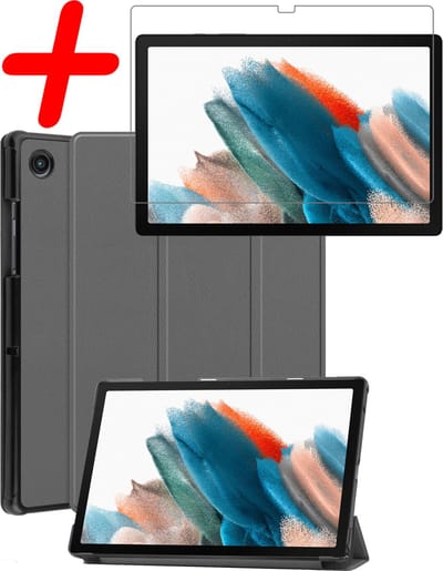 Hoesje Geschikt voor Samsung Galaxy Tab A8 - Met Screenprotector - Trifold Bookcase - Hard Cover - Hardcover Book Case - Tablet Hoes - Grijs