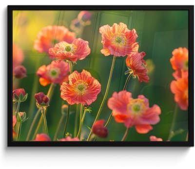 Poster in lijst - Fotolijst 70x50 cm - Posters - Bloemenveld - Zonnestralen - Oranje - Posterlijst zwart - Decoratie - Wanddecoratie woonkamer - Muurdecoratie slaapkamer