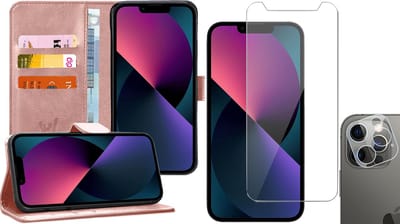 Hoesje geschikt voor iPhone 13 Pro - Book Case Kunstleer Wallet - Roségoud - Met Screenprotector en Camera Screen Protector