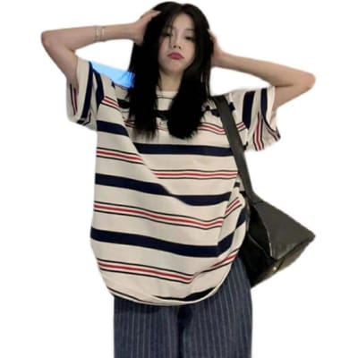 T-shirt à rayures à manches courtes pour femmes Nouveau Été Ample Vent paresseux Manches mi-longues Étudiant Haut polyvalent T-shirt XXL blanc