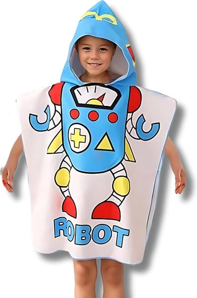 BoefieBoef Kinder Badponcho - Baby Badcape - Microfiber Kleuter Omslagdoek Met Capuchon - Kerst Cadeau - Peuter Strandponcho Voor Kinderen tot 6 jaar - 60x90cm - Robot Wit - jongens - meisje - Peuter - Zomer - Strandlaken - Surfponcho - Dreumes