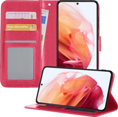 Hoesje - Geschikt voor Samsung Galaxy S21 - Luxe Bookcase - Walletcase Hoes - Portemonnee - Cover - Telefoonhoes - Donkerroze