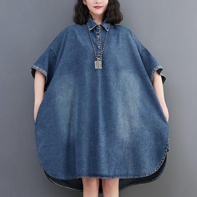 Dames Nieuwe Zomerjurk Denim Jurk Elegante Lange Jurk Korte Mouw Losse Jurk Blauw Basis Jurken 2XL blauw