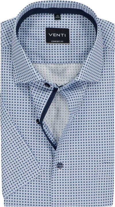 VENTI CASA MODA comfort fit overhemd - korte mouw - popeline - wit met licht- en donkerblauw dessin - Strijkvriendelijk - Boordmaat: 40 (EU maat: M)