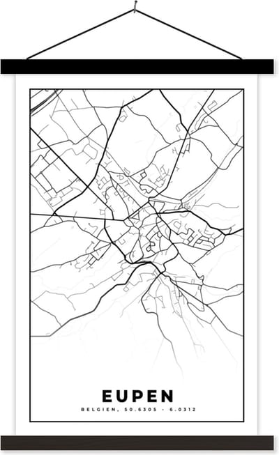 Posterhanger incl. Poster 40x60 cm - Schoolplaat - België – Eupen – Stadskaart – Kaart – Zwart Wit – Plattegrond - Textielposter - Zwarte latten - Stadskaart