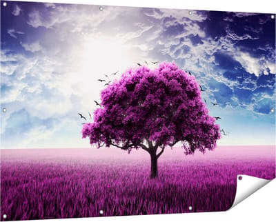 Gards Tuinposter Paarse Boom in het Paars Veld met Vogels - 150x100 cm - Tuindoek - Tuindecoratie - Wanddecoratie buiten - Tuinschilderij