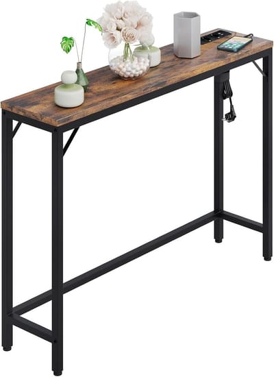 Smalle consoletafel, halmeubel met stopcontact en USB-poorten, vintage bijzettafel verkrijgbaar in bruin en zwart, afmetingen 100 x 23 x 80 cm