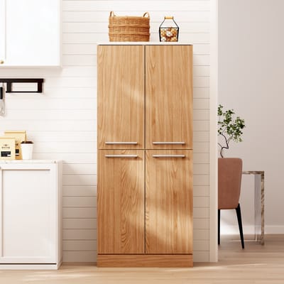 OKWISH Keukenkast Voorraadkast – 76 x 42 x 180 cm – 4 Deuren – Verstelbare Planken – Voor Keuken En Eethoek – MDF Wit Naturel