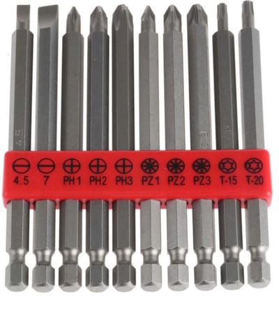 10-delige lange bitjes set- Schroevendraaier / schroeftol bits - 15cm - PZ, PH en Torx - CR-V staal - Screwdriver bits set - Klusgereedschap - Jonyx