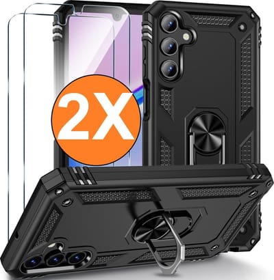 Hoesje Geschikt voor Samsung Galaxy A16 4G / 5G Hoesje Zwart Anti-Shock Hybrid Armor hoesje Met Draaibare Ring Houder - Samsung A16 4G / 5G Screenprotector 2 pack