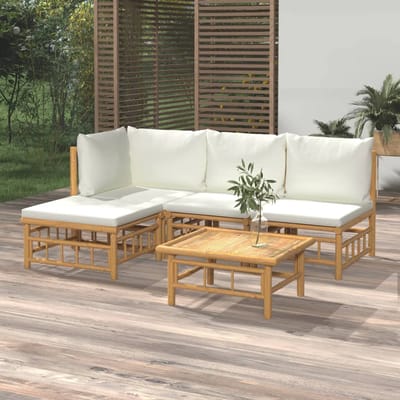 vidaXL - 5-delige - Loungeset - met - kussens - bamboe - crèmewit