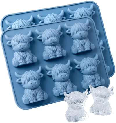 2 stuks Siliconen IJsvormpjes - Highland Cow IJsbakje – Mini IJsvormpjes met Hooglandkoe voor Kleine IJsklontjes – Schattige Ijsmallen - BPA Vrij - Herbruikbare IJs Lolly Vormen - 12 holtes - Blauw