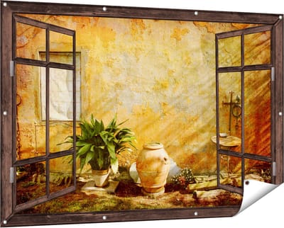 Gards Tuinposter Doorkijk Oude Stenen Muur - 150x100 cm - Tuindoek - Tuindecoratie - Wanddecoratie buiten - Tuinschilderij