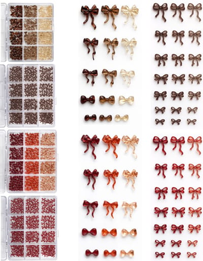 YUBBI Nagel 3D Strikjes Glitter Set - Nail Art Set - Nagelsteentjes - Strass - Strikjes - 4 Sets - Bruin Rood