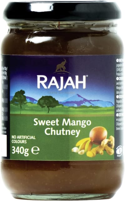 Rajah Zoete Mango Chutney 3 x 340 g - Mangostukjes zonder schil 46%, Suiker, Gember, Knoflook, Chili - Perfect bij Curry, Kaas, Brood & Grillgerechten mit Kajal Sticker