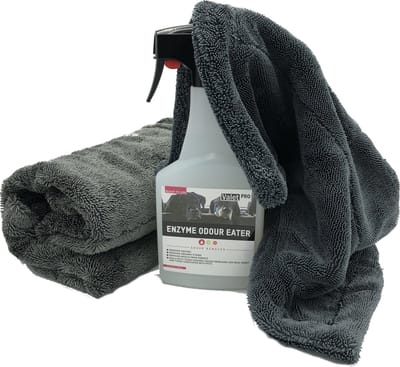 Set Microfiber droogdoeken voor uw huisdier plus ontgeurings spray voor uw meubilair. 1x 40X40 1x50x80 1x 500ml Enzyme odour eater