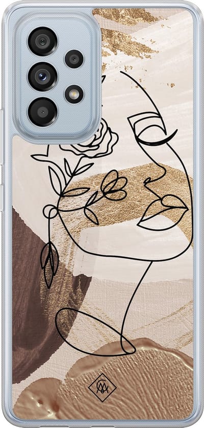 Casimoda® hoesje - Geschikt voor Samsung Galaxy A53 - Abstract Gezicht Bruin - 2-in-1 case - Schokbestendig - Geometrisch patroon - Verhoogde randen - Bruin/beige, Transparant