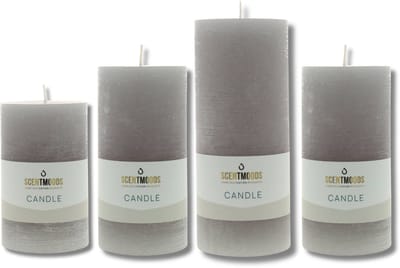 Scentmoods Rustieke Kaars Set Grijs – Set van 4 Tijdloze Stompkaars en Dinerkaars in Neutrale Tint