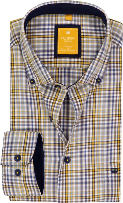 Redmond modern fit overhemd - twill - blauw - grijs - geel en wit geruit - Strijkvriendelijk - Boordmaat: 41 - 42