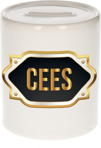 Spaarpot met voornaam Cees - wit - met goud/zwart embleem - 8 x 9 cm - keramiek - met afsluitdop - cadeau verjaardag