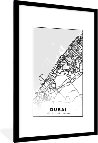 Fotolijst incl. Poster Zwart Wit- Dubai - Kaart - Stadskaart - Plattegrond - Zwart Wit - 60x90 cm - Posterlijst