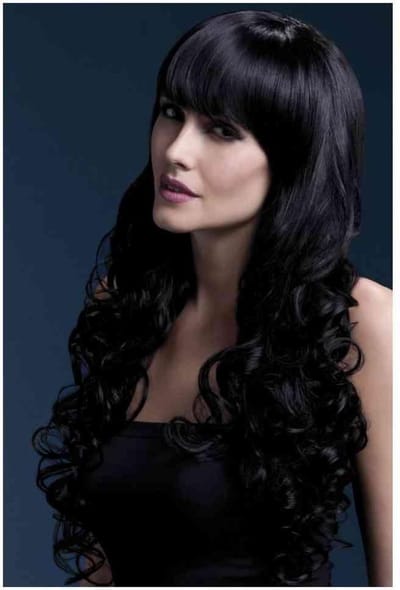 Lange Soft Curls pruik met scheiding zwart - Carnaval Kostuum Pruik