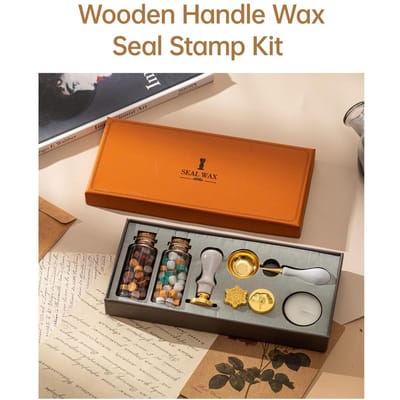 Waxzegel Stempel Set met 3 Stuks Zegel Stempels en 2 Flessen Wax Korrels Lepel Kaars voor Kerstmis Vintage Enveloppen Brieven beige