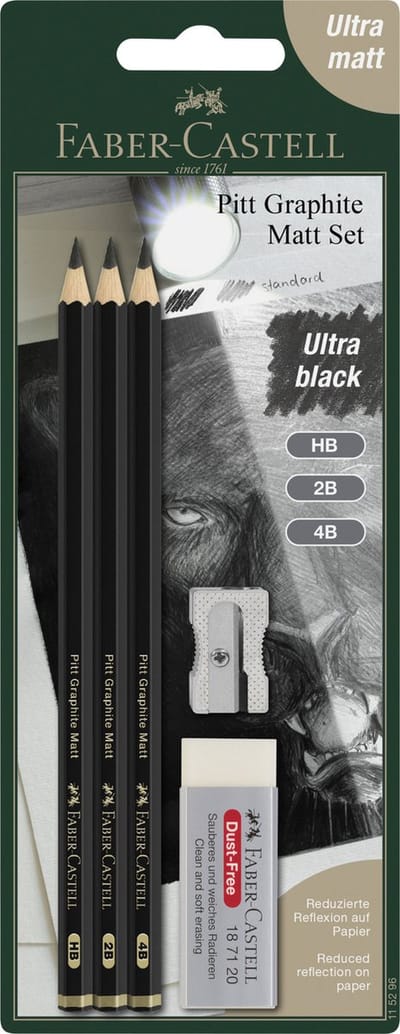 Faber-Castell grafietpotloden set - Pitt Mat - set 3 potloden HB-2B-4B met toebehoren - FC-115296