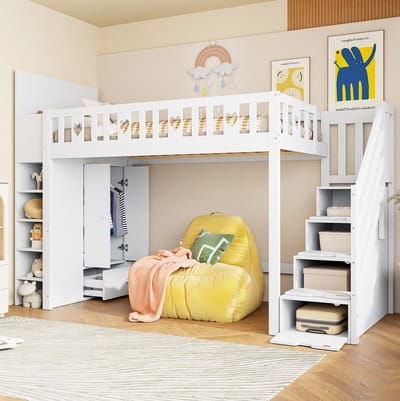 MEUNIQ Hoogslaper 90x200 cm met opbergleider, open vakken en klapkast, met uitvalbeveiliging, voor kinderkamer, wit