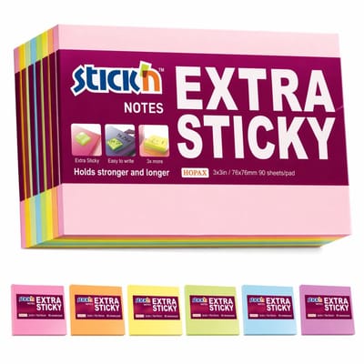 Stick'n sticky notes - 76 x 127 mm - Extra sticky - 540 Memoblaadjes - 6 pads - Pastel roze - geel - groen - blauw