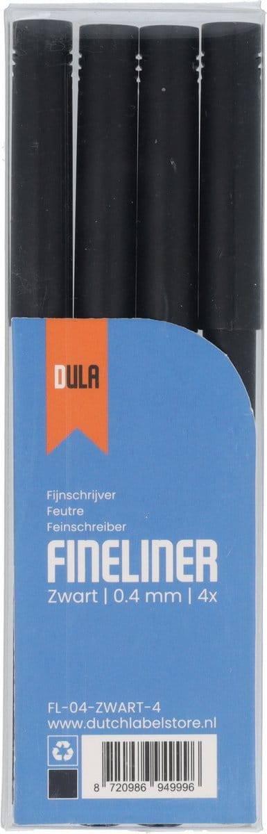 Fineliners zwart 0.4mm - Fineliner set - Zwarte pen - Tekenen & kleuren - 4 stuks zwarte fineliners - DULA