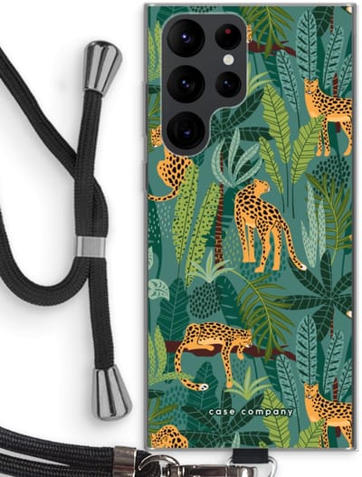 Case Company® - Hoesje met koord geschikt voor Samsung Galaxy S22 Ultra hoesje met Koord - Luipaard 2 - Telefoonhoesje met Zwart Koord - Bescherming aan alle Kanten en Over de Schermrand