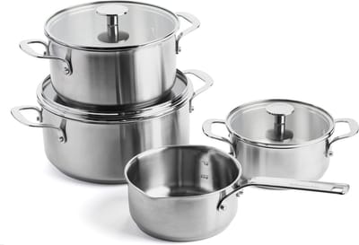 KitchenAid Stainless Steel Kookpannenset 7-delig - 16/20/24cm - 1.5/3.1/4.8L - PFAS-vrij - RVS pannenset - Pannenset inductie - Ovenbestendig tot 220°C - Met glazen deksel - Zilver