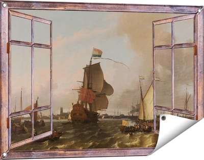 Gards Tuinposter Doorkijk Het Oorlogsschip Brielle op de Maas voor Rotterdam - Ludolf Bakhuysen - 90x60 cm - Tuindoek - Tuindecoratie - Wanddecoratie buiten - Tuinschilderij
