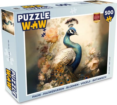 Puzzel Pauw - Pauwenveren - Bloemen - Vogels - Botanisch - Legpuzzel - Puzzel 500 stukjes