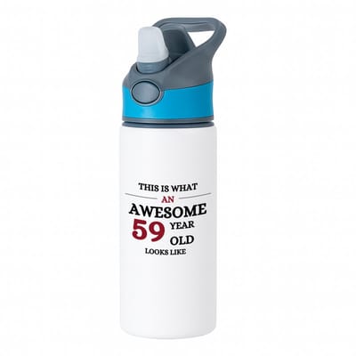 Hacebo® - Awesome 59 year old looks like waterfles met rietje blauw - Hoera 59 jaar - 59 geworden - verjaardagscadeau - kado - gift - water fles - 650ML