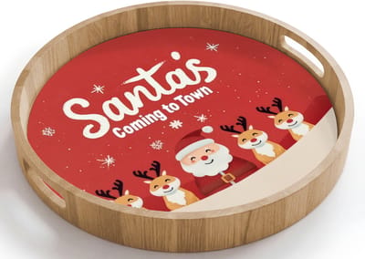 Dienblad rond 40x40 cm - Schootdienblad hout - Illustratie - Kerstman - Rendieren - Rood - Borrelplank rechthoek - Plateau houten dienbladen