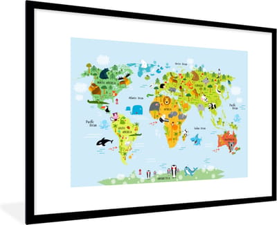 Poster in fotolijst kinderen - Wereldkaart - Kinderen - Dieren - Natuur - Jongens - Meisjes - Kinderposter - Schilderij voor kinderen - 120x80 cm - Kinderkamer decoratie