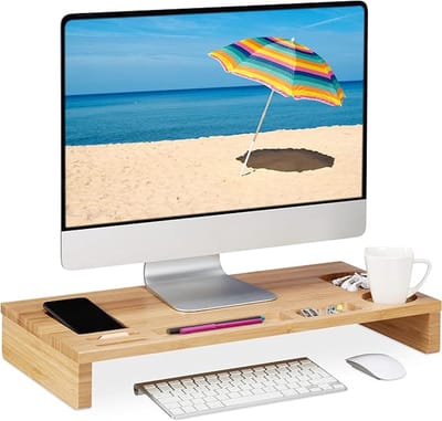 Famanu – Monitorstandaard bamboe - 7 vakken - beeldschermverhoger voor bureau - kantoor - HBD: 8,5 x 60 x 30 cm - natuur