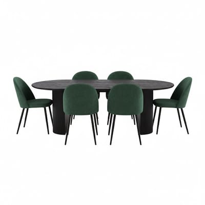 Kyoto eethoek eettafel donkerbruin, 6 stoelen met groene velours bekleding.