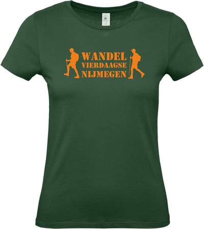 Dames T-shirt Wandel vierdaagse NIjmegen met wandelaars |Wandelvierdaagse | vierdaagse Nijmegen | Roze woensdag | Groen | maat XS