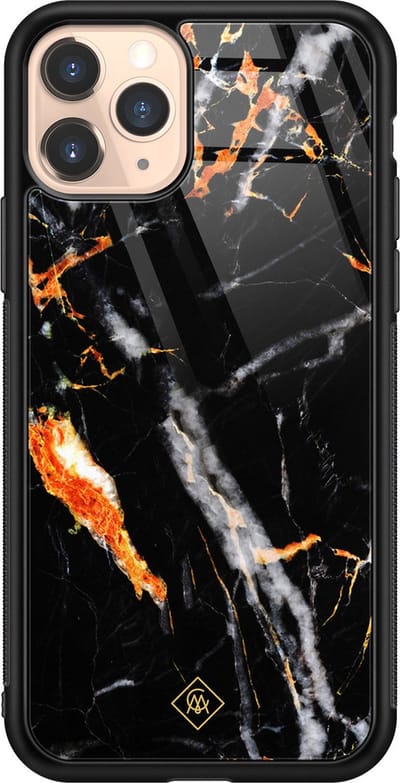 Casimoda® hoesje - Geschikt voor iPhone 11 Pro - Marmer Zwart Oranje - Luxe Hard Case Zwart - Backcover telefoonhoesje - Zwart