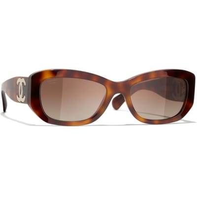 CHANEL Rechthoekig Montuur Dubbele C Gravering Onregelmatige Vorm Zonnebril Dames Bruin bruin