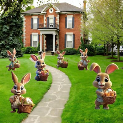 Set van 6 Weerbestendige Paashaas Tuindecoraties met 12 Bevestigingspennen voor Lentefeest Versiering van Tuin, Gazon en Terras