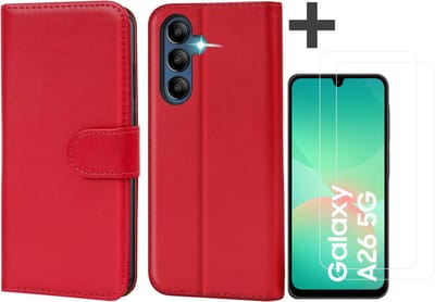 Hoesje met 2 Stuks Screenprotectors Geschikt voor Samsung Galaxy A26 – Arara bookcase met pasjeshouder - Rood